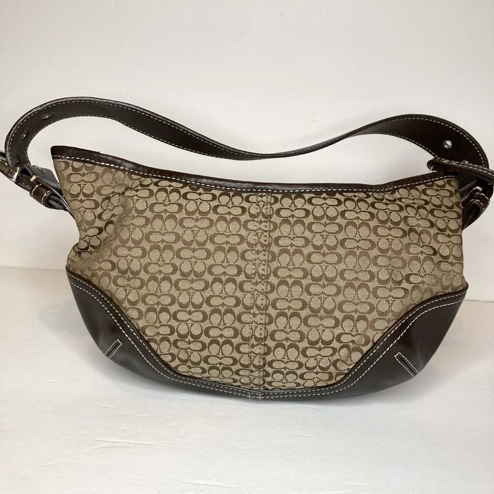 COACH Small Brown Signature Canvas Bag w/ Leather Hobo Handbag